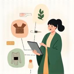 Illustration of a person using a tablet connected to creative work.