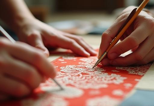 Image showing hands working on a traditional kimono fabric, illustrating the craft.